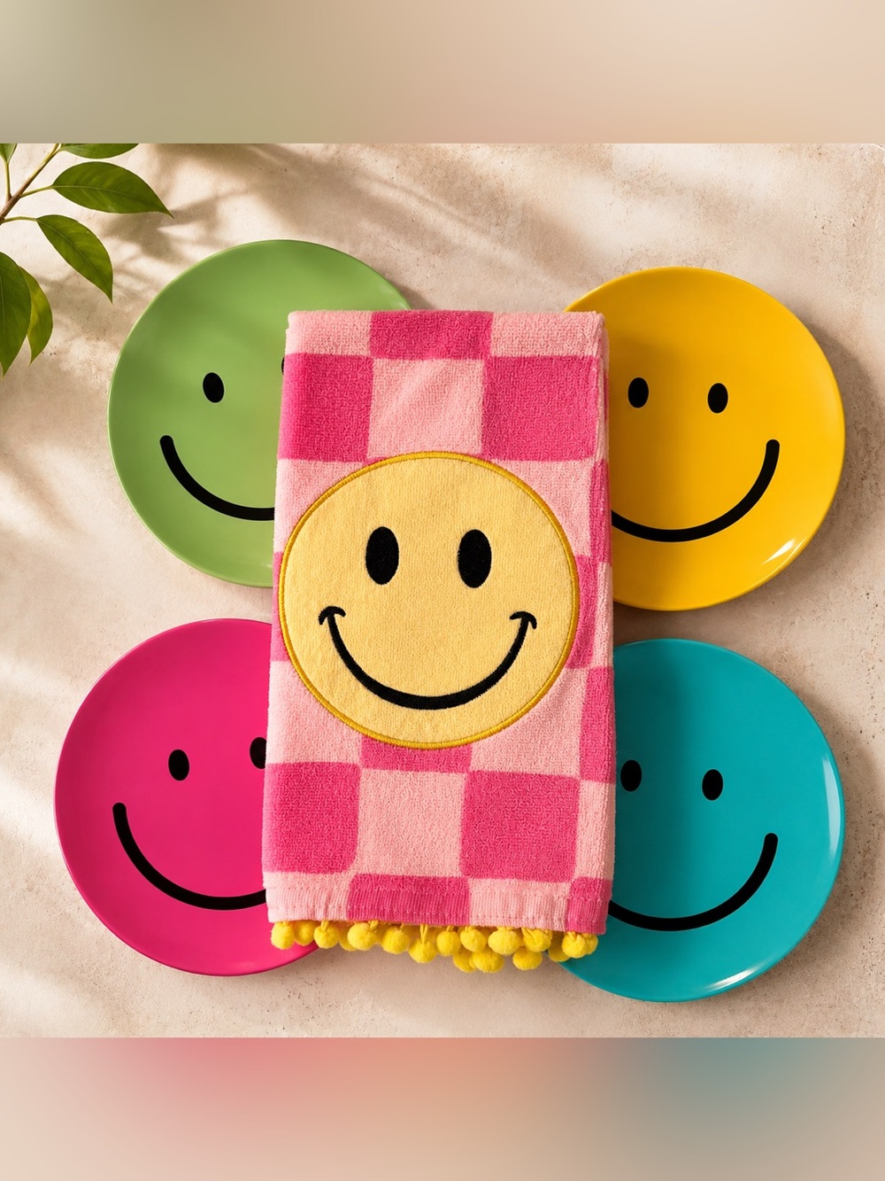 Pink Check Smiley Kitchen Hand towel & (4) Melamine Smiley Face Plates